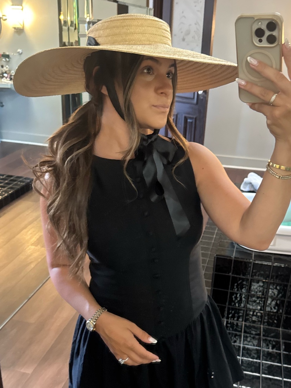 Vintage Kentucky derby style Natural Straw Wide-Brim Hat with Black Band
